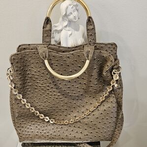 Ivanka Trump Brown Ostrich-Texture Tote with Gold Chain Handles